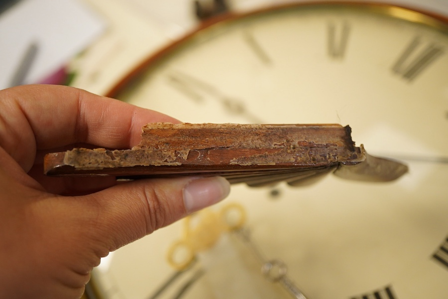 A 19th century mahogany drop dial fusee wall timepiece, with brass inlay and a painted 12 inch dial